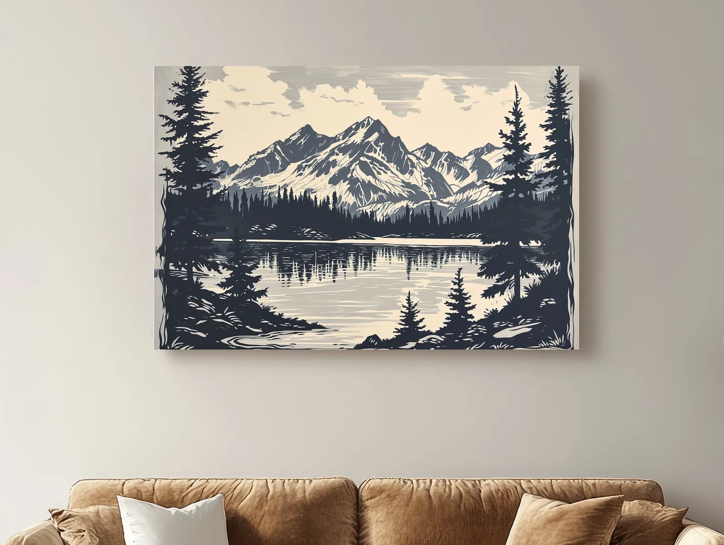 Vintage Alpine Lake Mountain Illustration - Monochrome Linocut Style Artwork