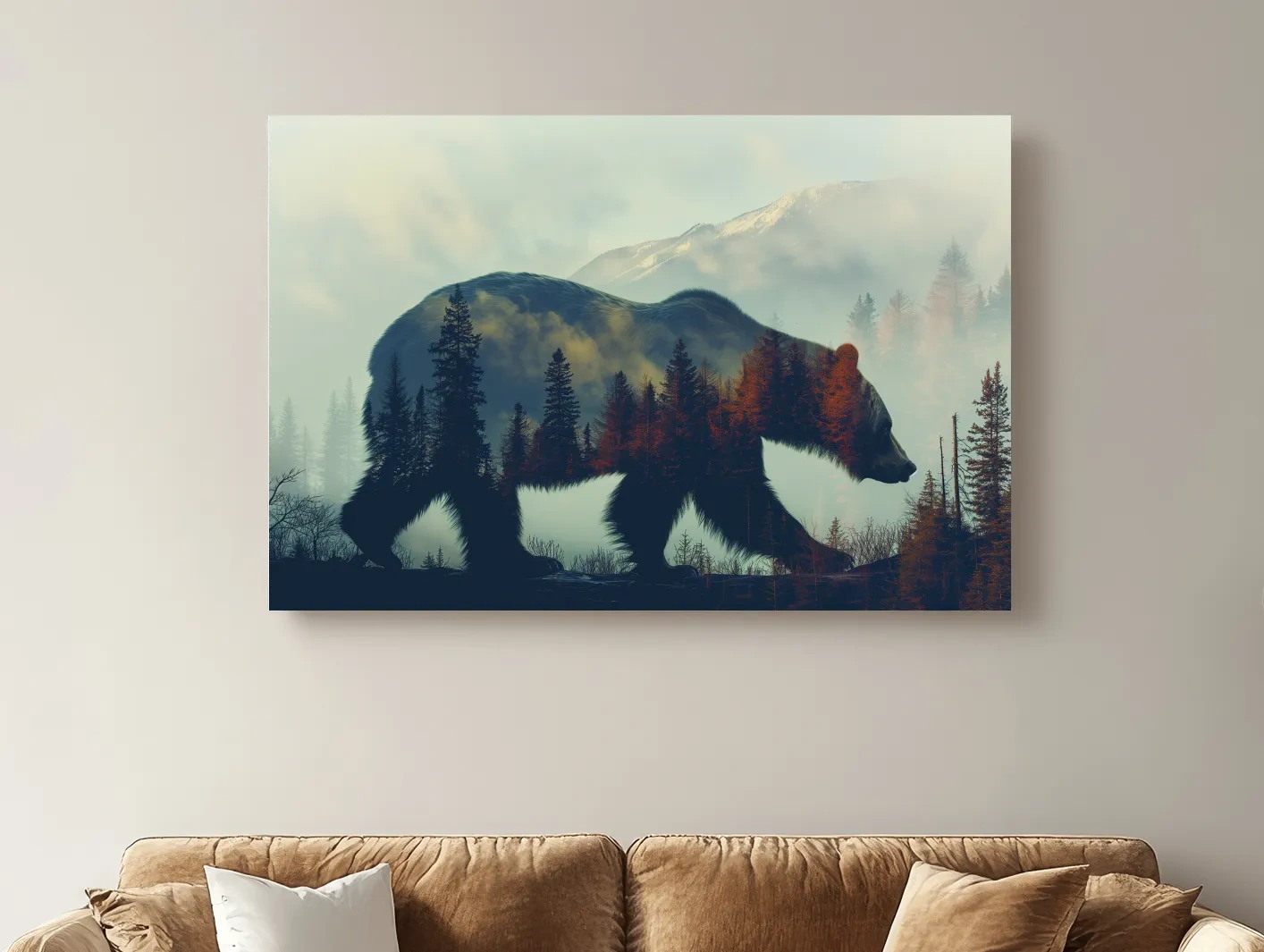 Double exposure photographic artwork of a beer silhouette in the mountains