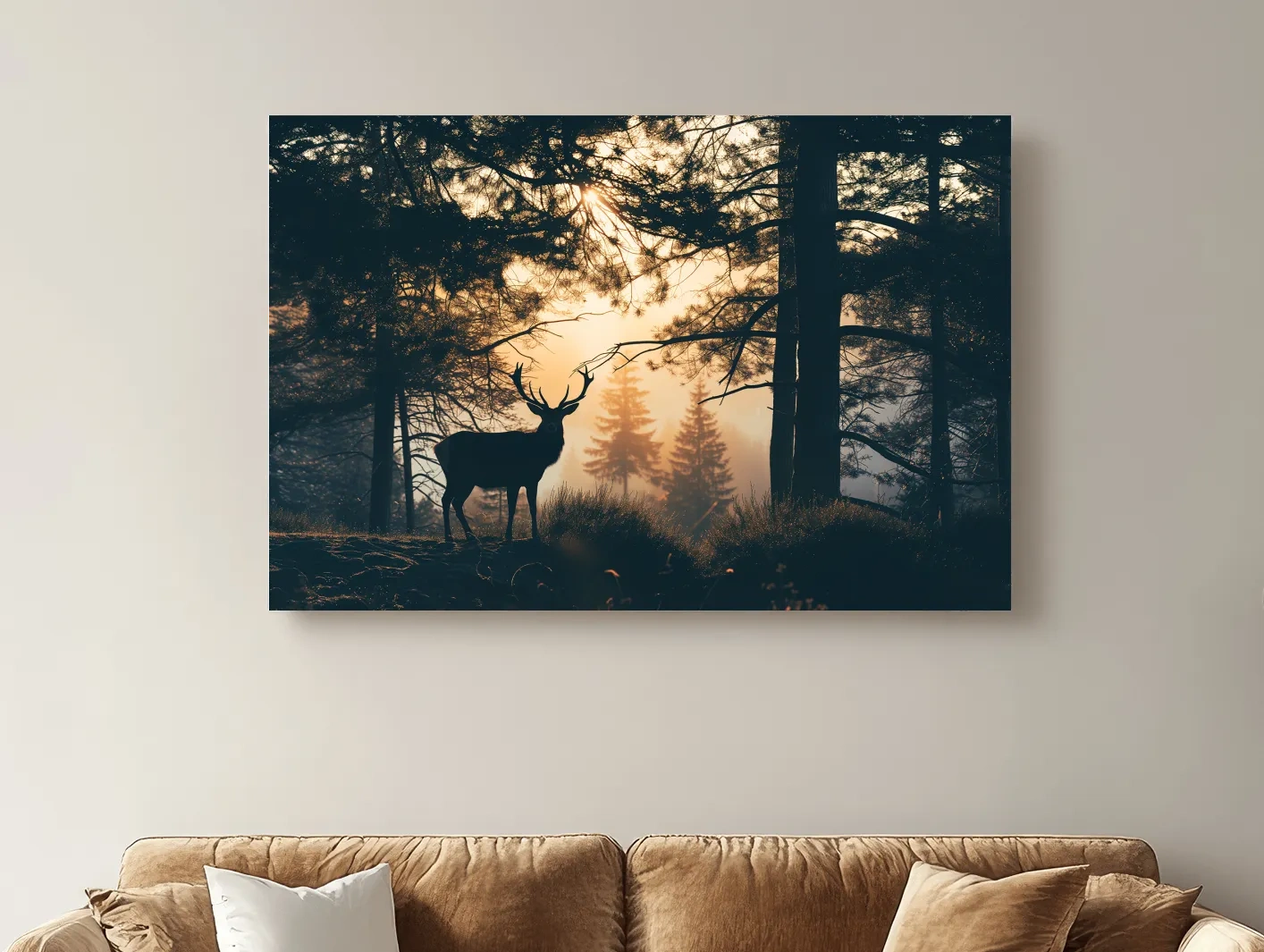 Moody Deer Silhouette In Misty Pine Forest - Golden Sunrise Wildlife Wall Art