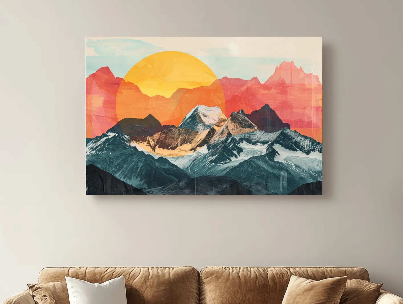 Abstract Alpine Mountains With Golden Sun - Modern Collage Landscape Artwork