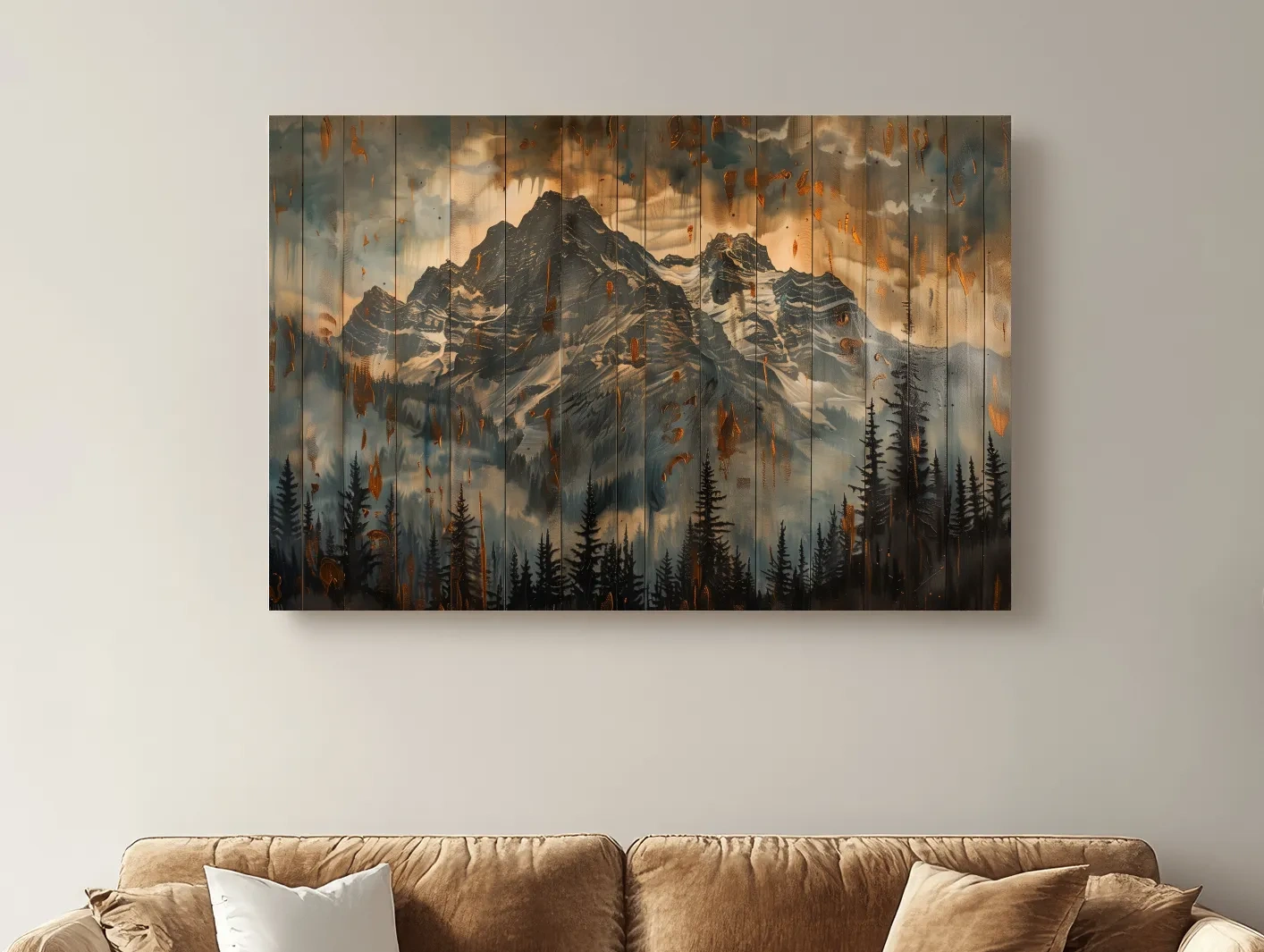 Rustic Mountain Range Painting - Alpine Forest Wood Panel Wall Art