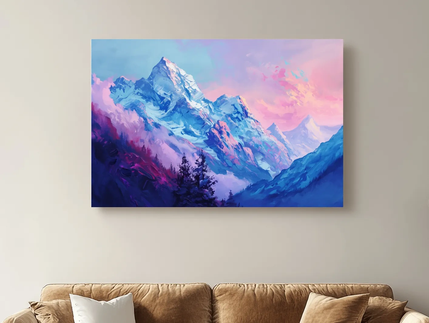 Vibrant Impressionism Alpine Mountain Painting - Colorful Snowy Peaks Wall Art