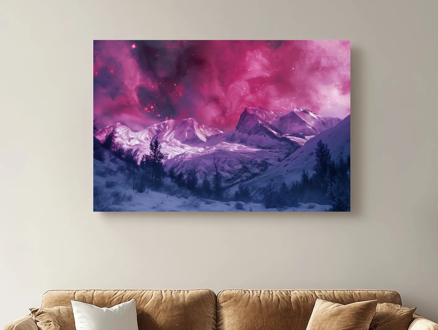 Surreal Nebula Galaxy Alpine Glacier Landscape - Cosmic Winter Night Sky Wall Art