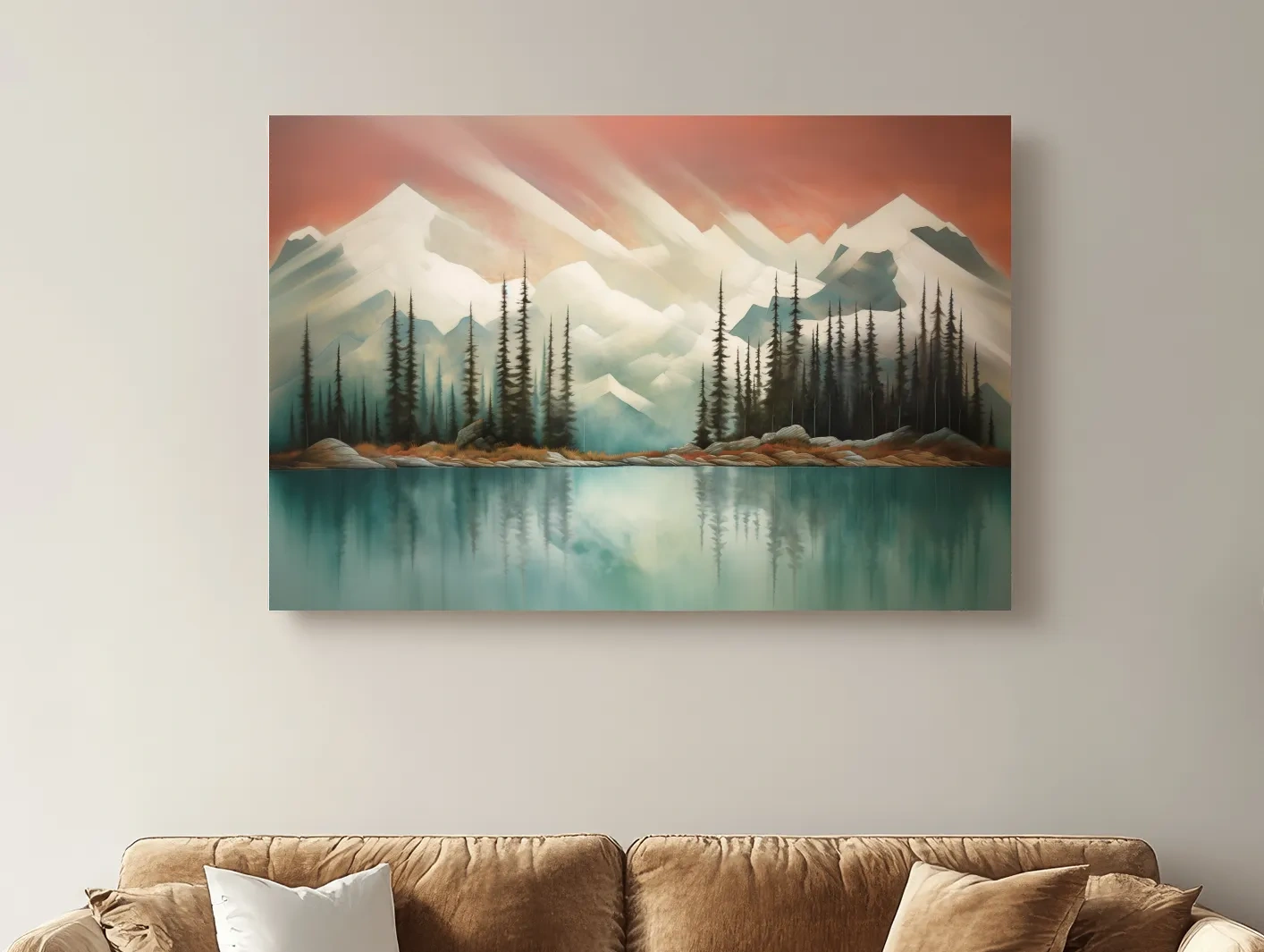 Abstract Alpine Lake Landscape Painting - Serene Pine Forest Mountain Wall Art