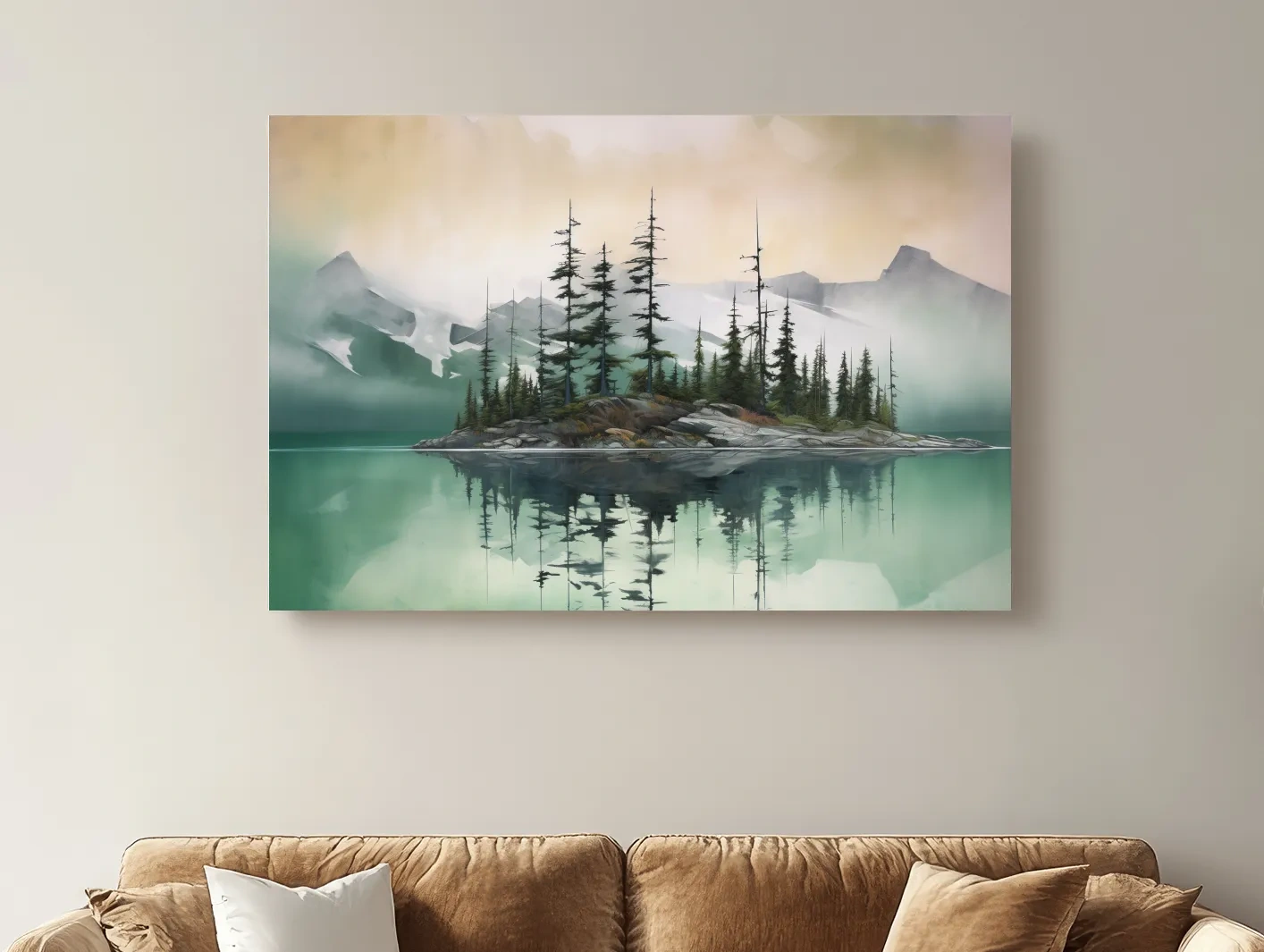 Misty Turquoise Alpine Lake Reflection - Serene Watercolor Mountain Landscape Wall Art