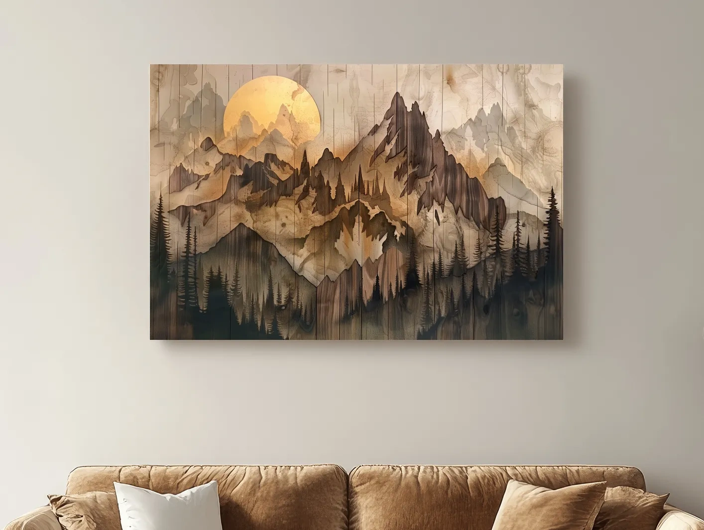 Rustic Sepia Mountain Sunrise Landscape - Vintage Wood Grain Watercolor Artwork