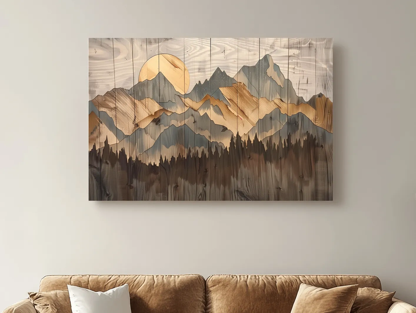 Rustic Mountain Range Sunrise - Woodgrain Style Forest Wall Art