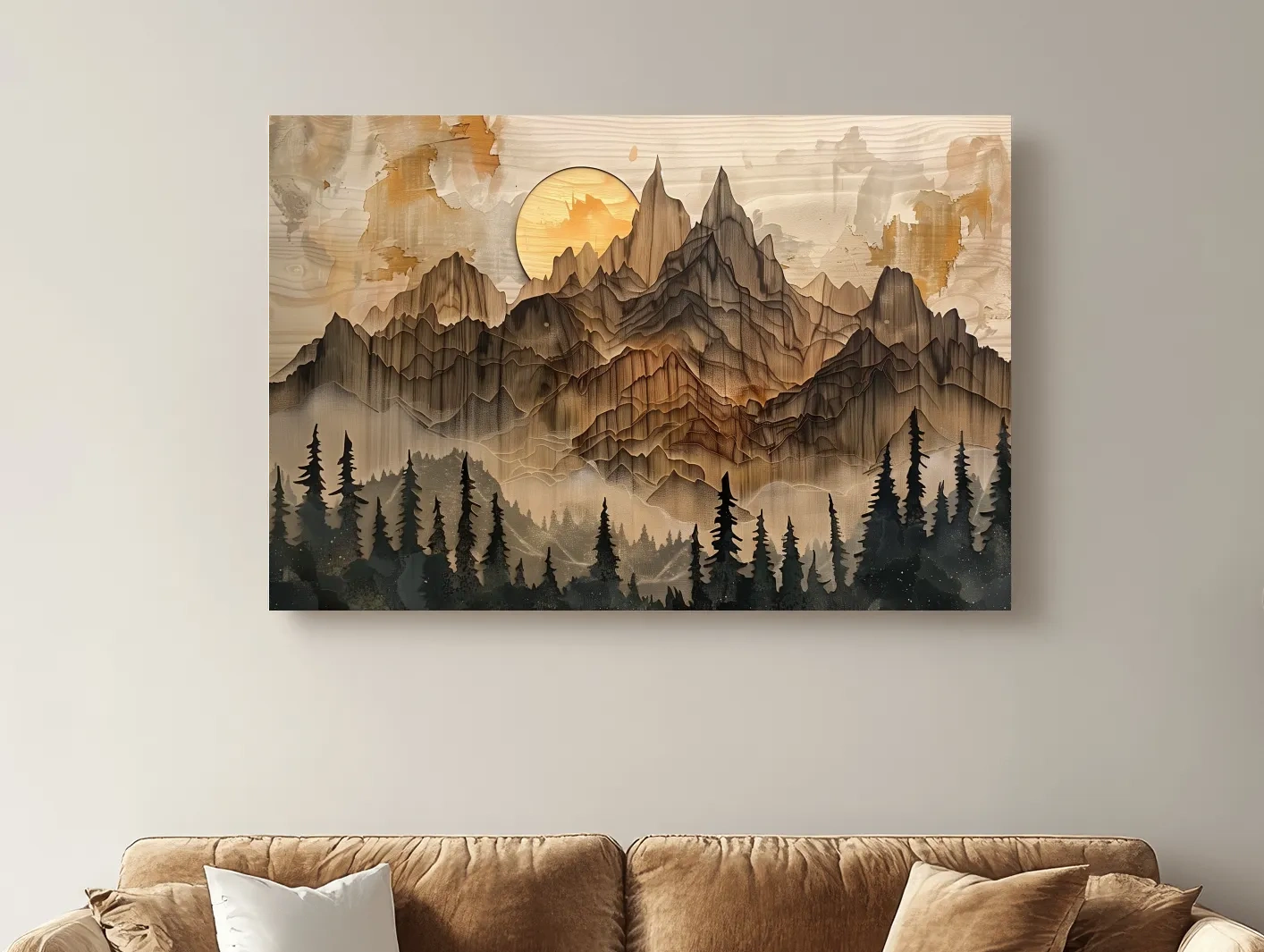 Rustic Mountain Sunset Landscape - Woodcut Style Alpine Wall Art