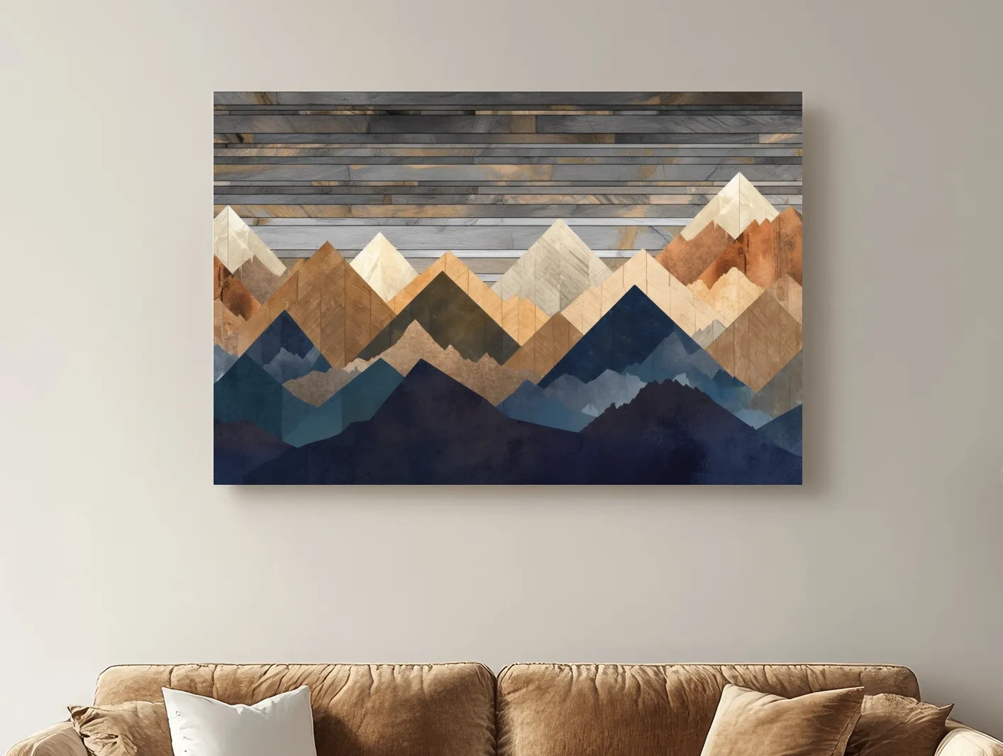 Geometric Layered Mountain Peaks - Rustic Wood Texture Abstract Wall Art