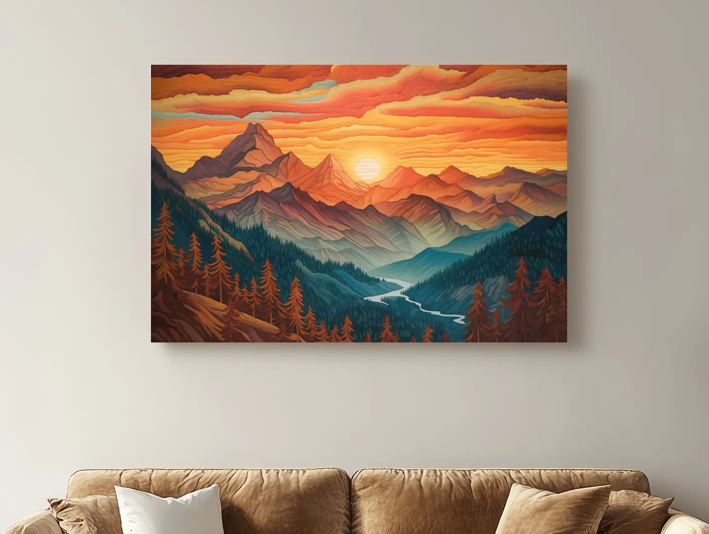 Vibrant Sunset Mountain Range Illustration - Layered Alpine Landscape Wall Art