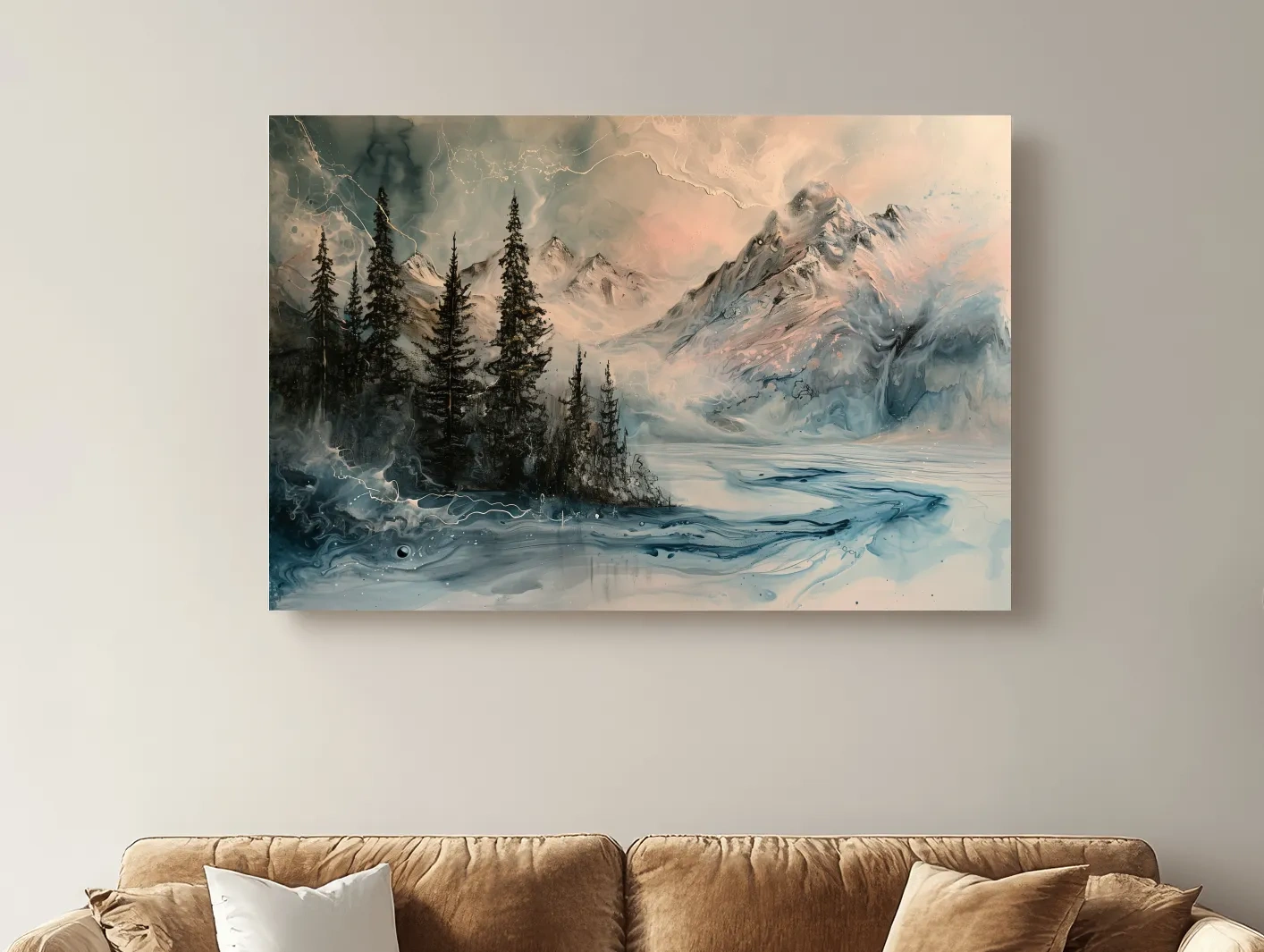 Ethereal Mountain Lake Alpine Forest - Moody Abstract Alcohol Ink Wall Art