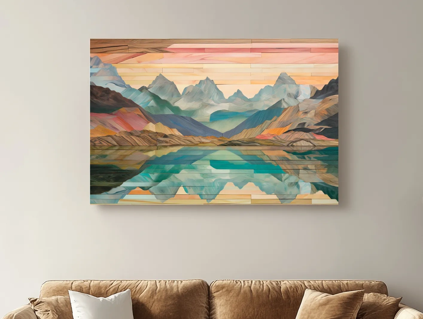 Alpine Lake Mountain Reflection - Layered Wooden Style Landscape Wall Art