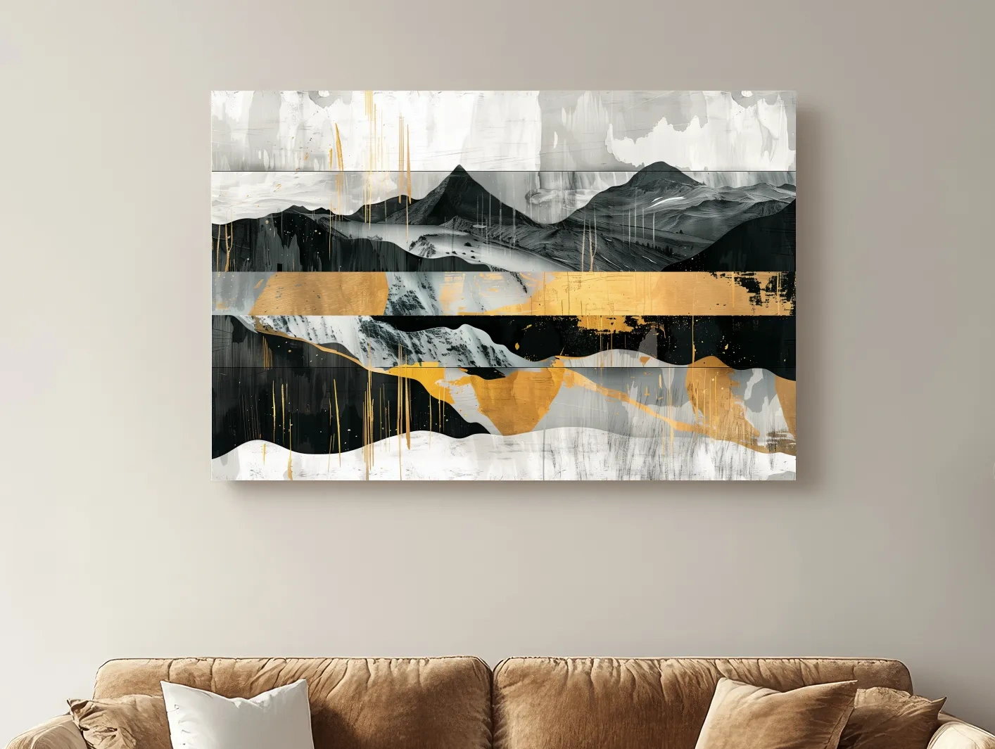 Abstract Monochrome Mountain Range With Gold Accents - Modern Mixed Media Landscape Wall Art