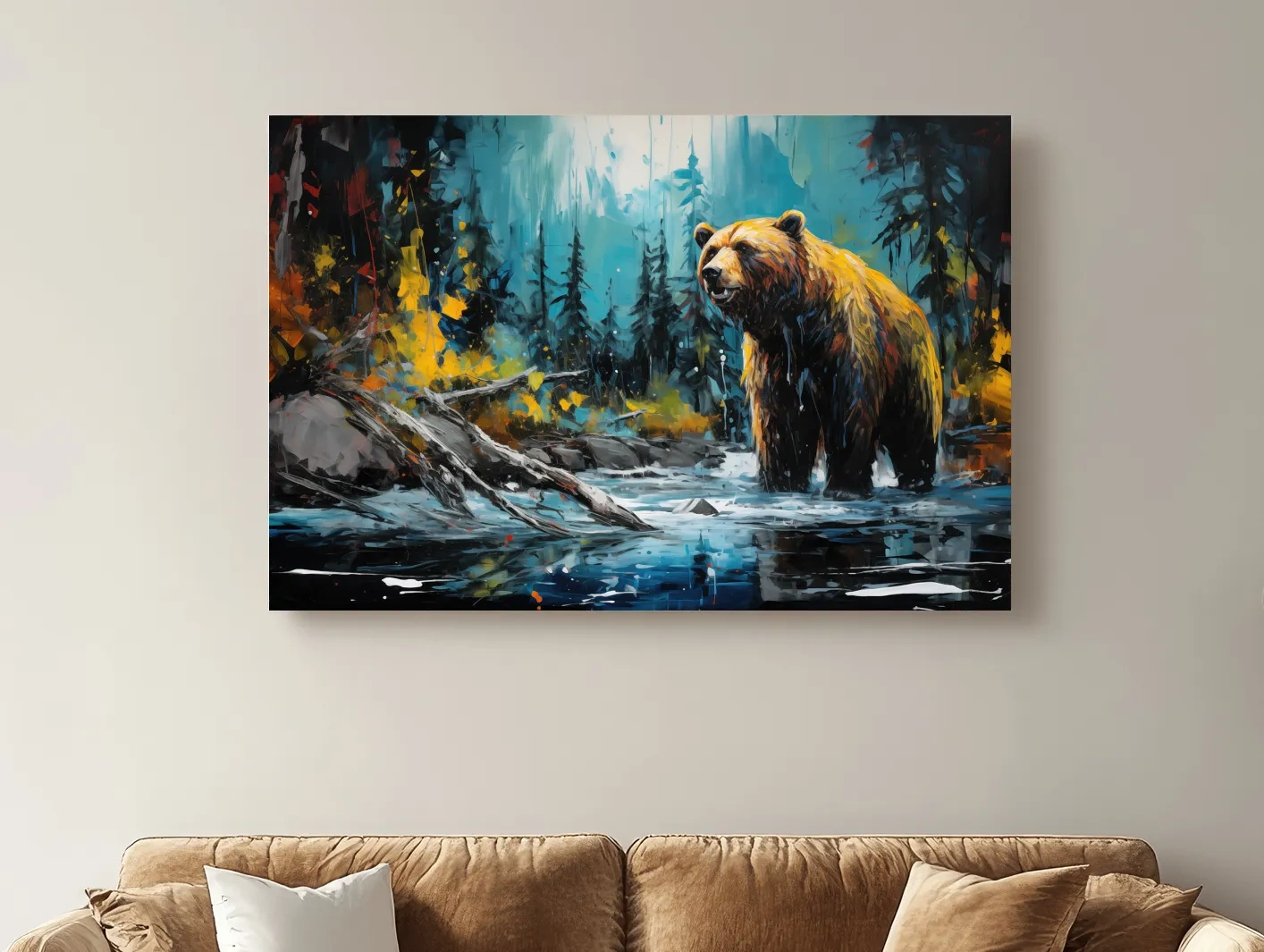 Grizzly Bear Forest River Painting - Vibrant Wildlife Nature Wall Art