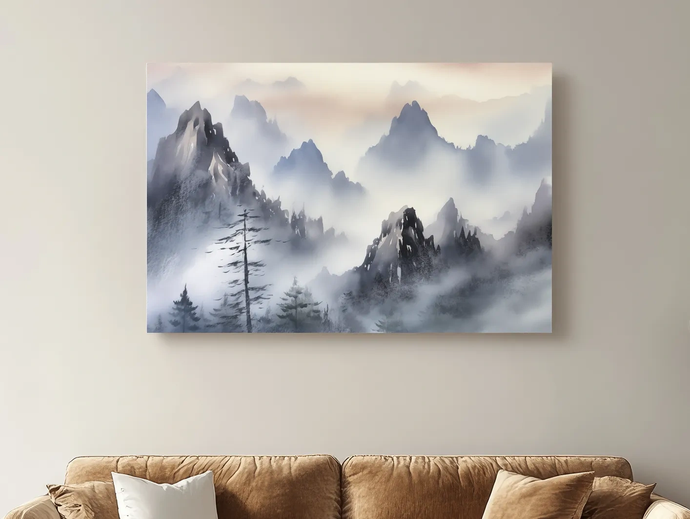 Chinese traditional ink wash style watercolour painting of foggy mountains
