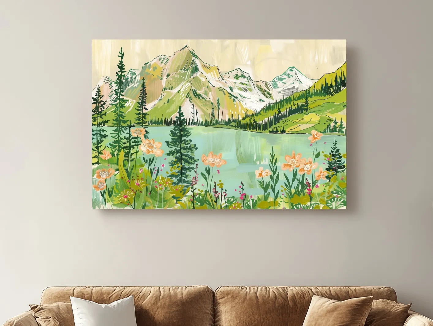 Whimsical Alpine Lake Wildflower Stylized Painting - Mountain Meadows Wall Art