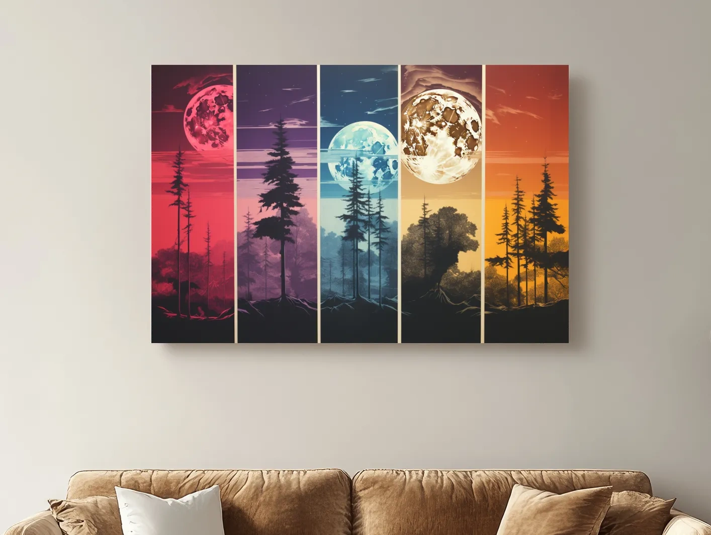 Multipanel colorful treeline under the moonlit sky, risograph style artwork