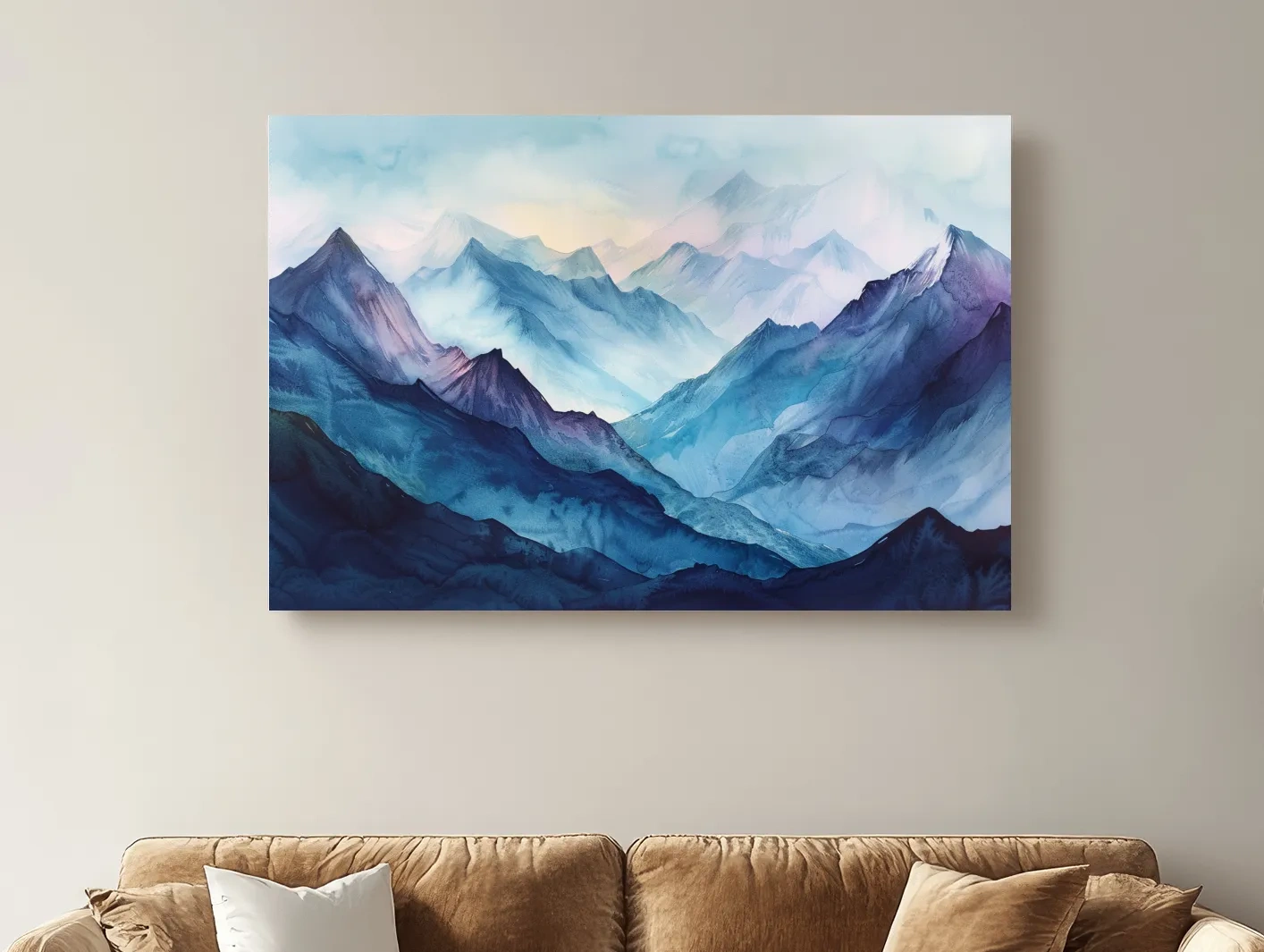 Misty Blue Watercolor Mountain Range Artwork - Serene Colourful Landscape Wall Art