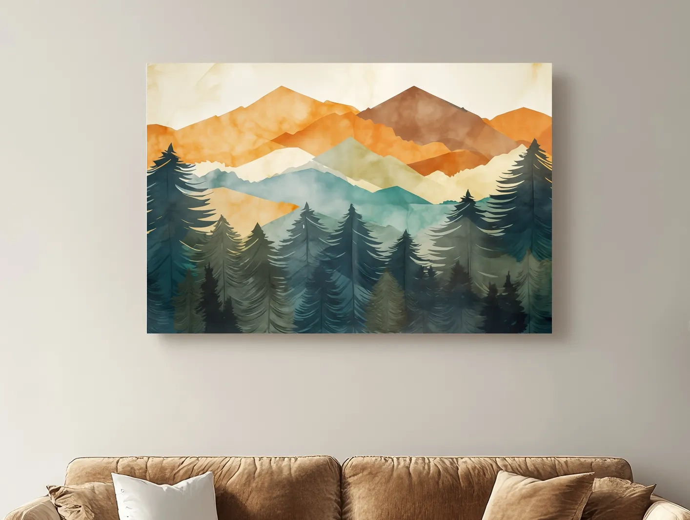 Abstract watercolor painting, mountains and forest