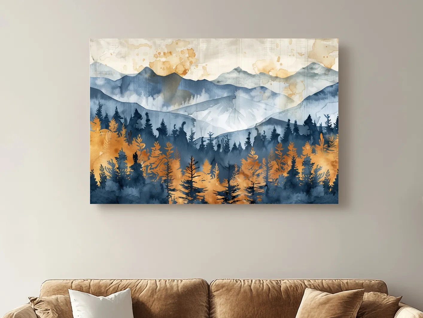 Watercolor Mountain Forest Landscape - Abstract Golden Autumn Pines Wall Art