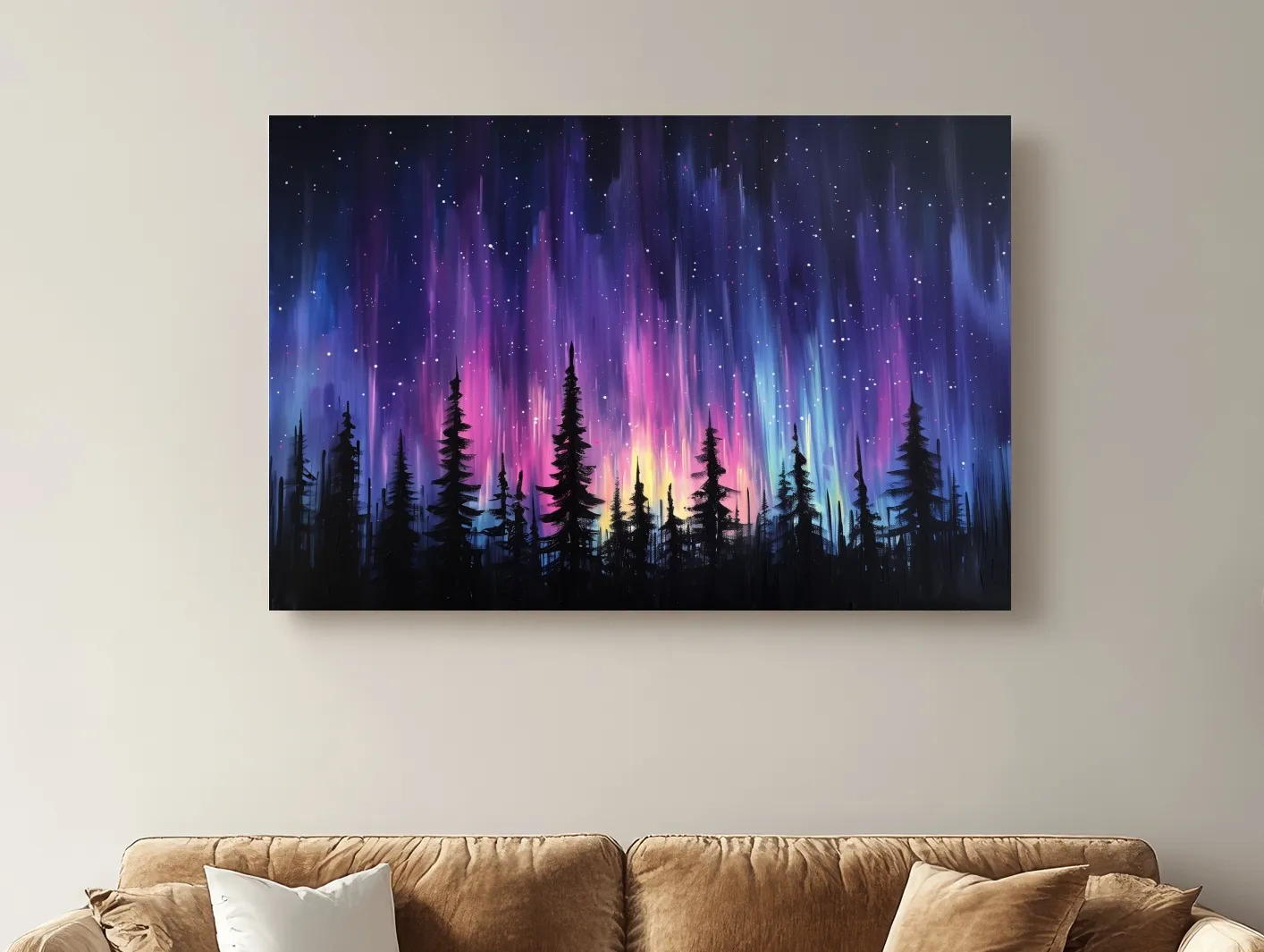 Vibrant Purple Northern Lights & Silhouetted Pine Forest - Aurora Borealis Painting Wall Art