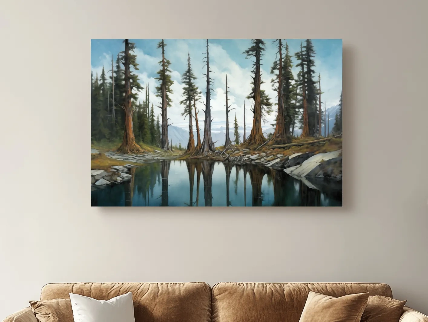 Pine Forest Lake Reflection Painting - Serene Wilderness Landscape Wall Art