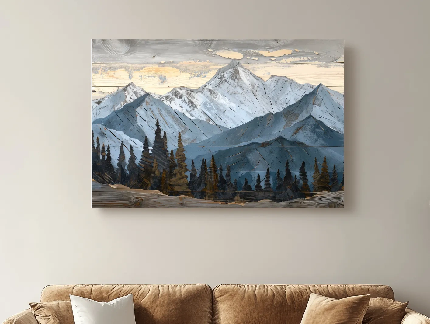 Alpine Forest Mountain Range Artwork - Rustic Woodgrain Landscape Wall Art