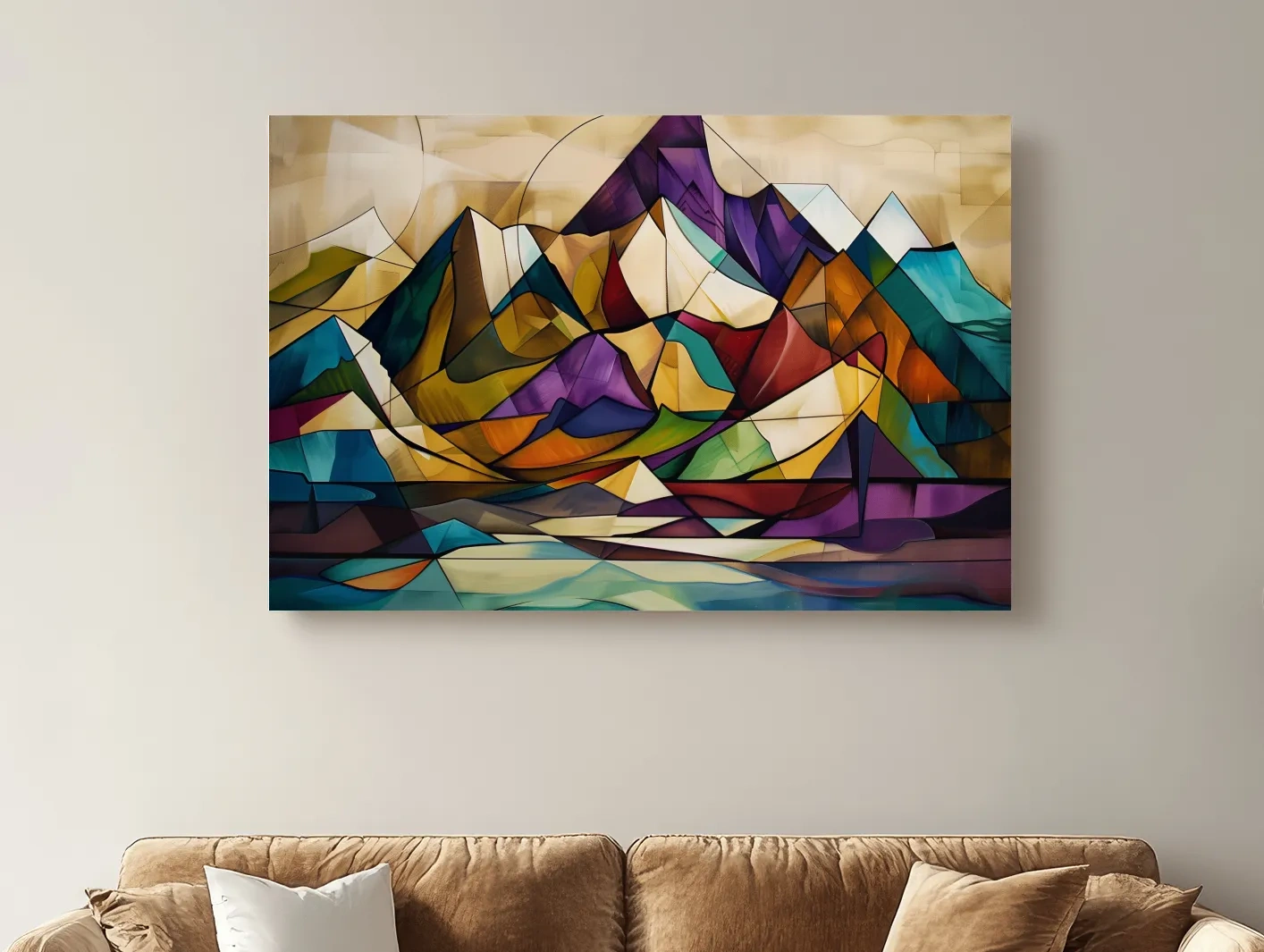 Vibrant Leadlight Style Mountain Range Painting - Abstract Colorful Stained Glass Wall Art