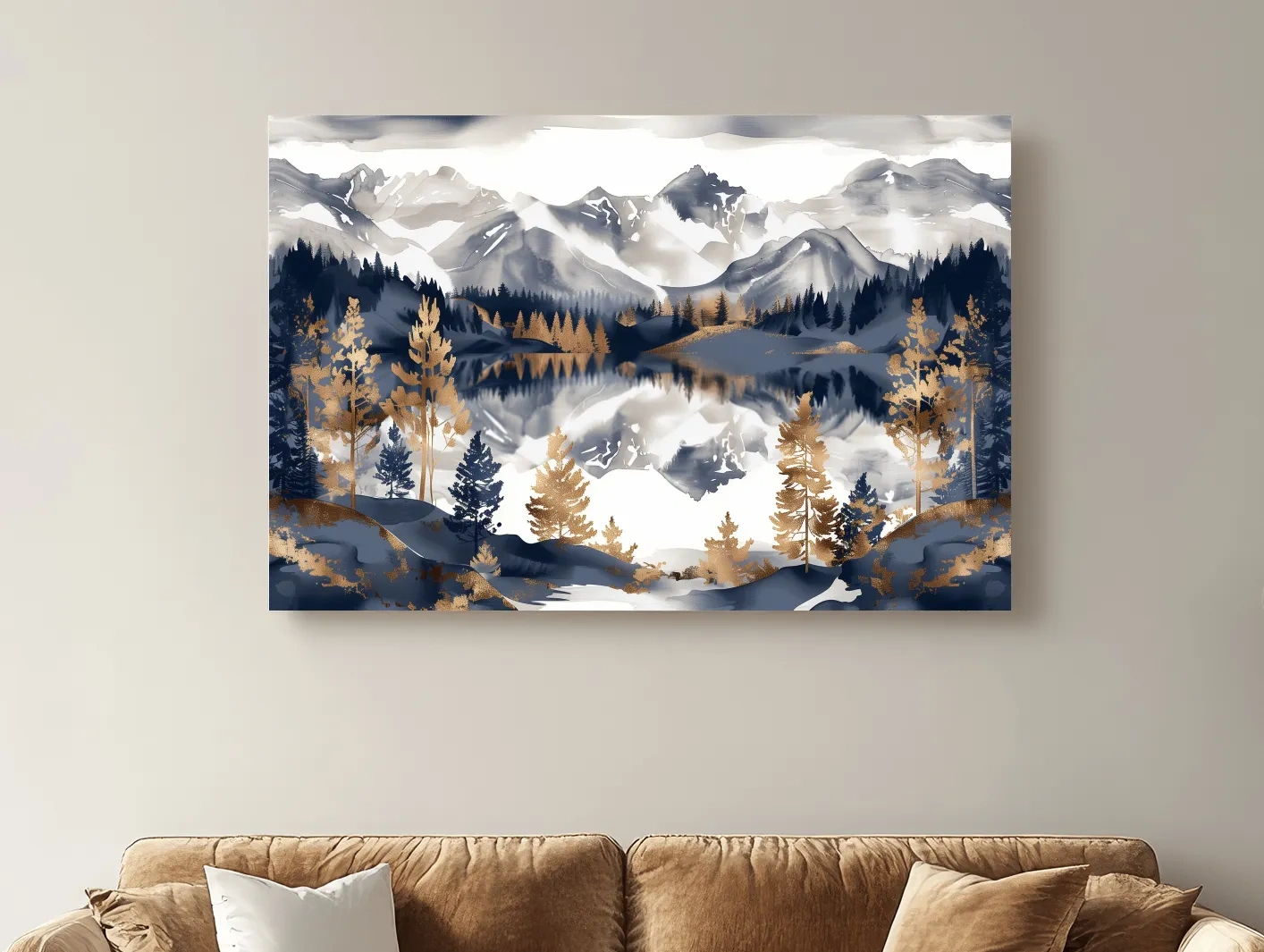 Gold Leaf Style Watercolor Alpine Lake Reflection - Mountain Landscape Artwork