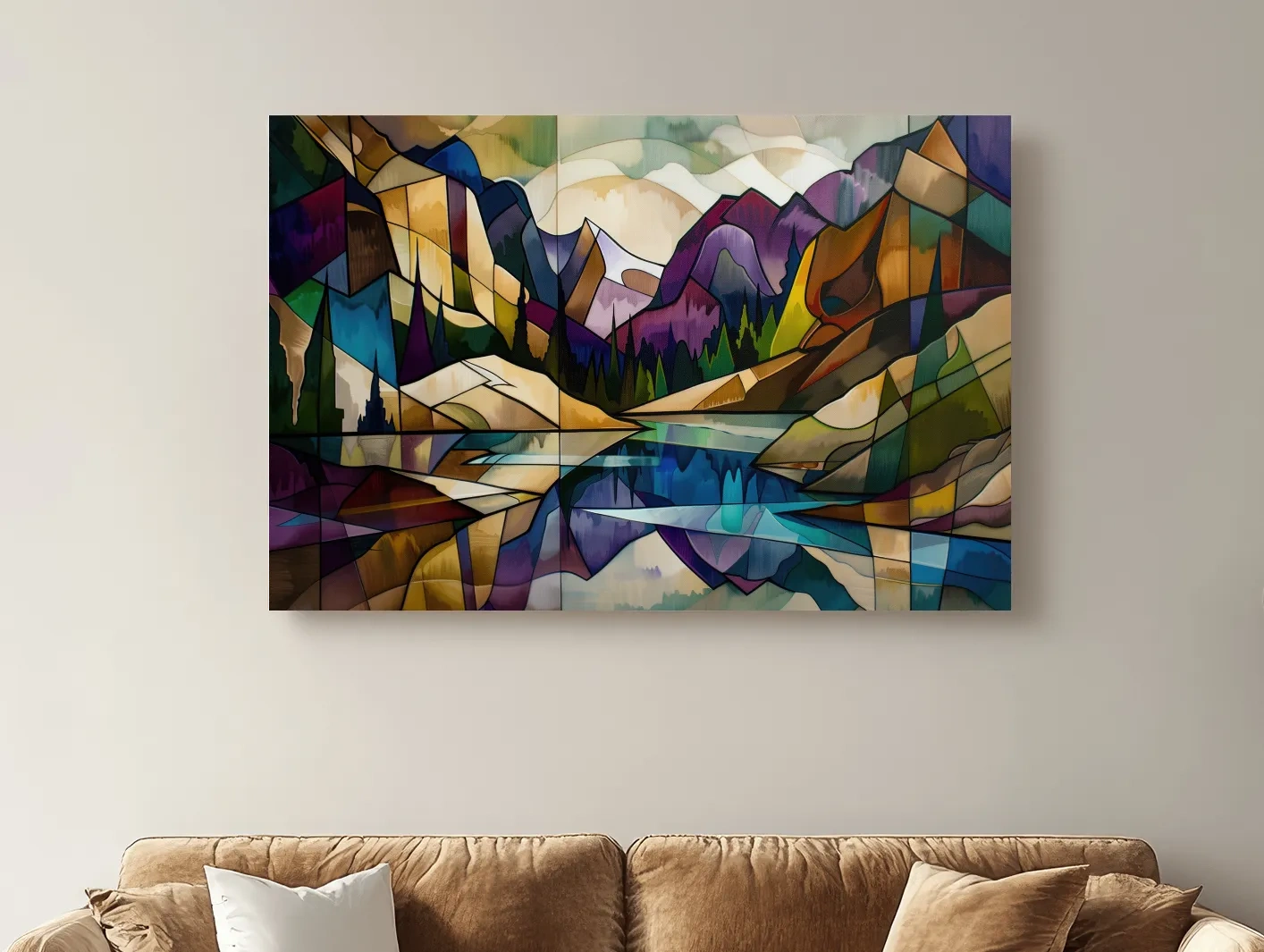 Abstract Stained Glass Mountain Lake Landscape - Colorful Geometric Alpine Wall Art