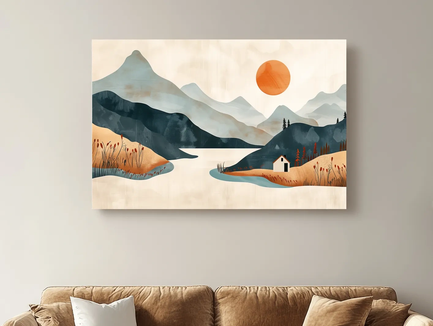 Minimalist Mountain Sunset Lake Cabin Illustration - Modern Scandinavian Wall Art