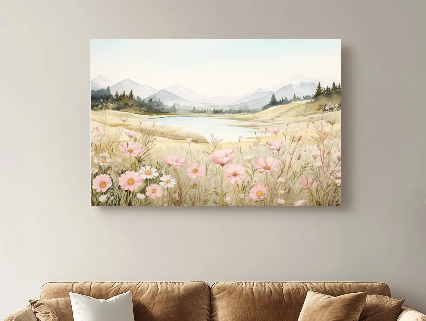 Soft Watercolor Wildflower Meadow Landscape - Serene Pastel Alpine Wall Art
