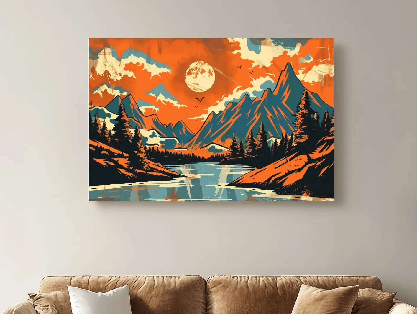 Vibrant Retro Mountain Lake Sunset Illustration - Bold Vector Landscape Wall Art
