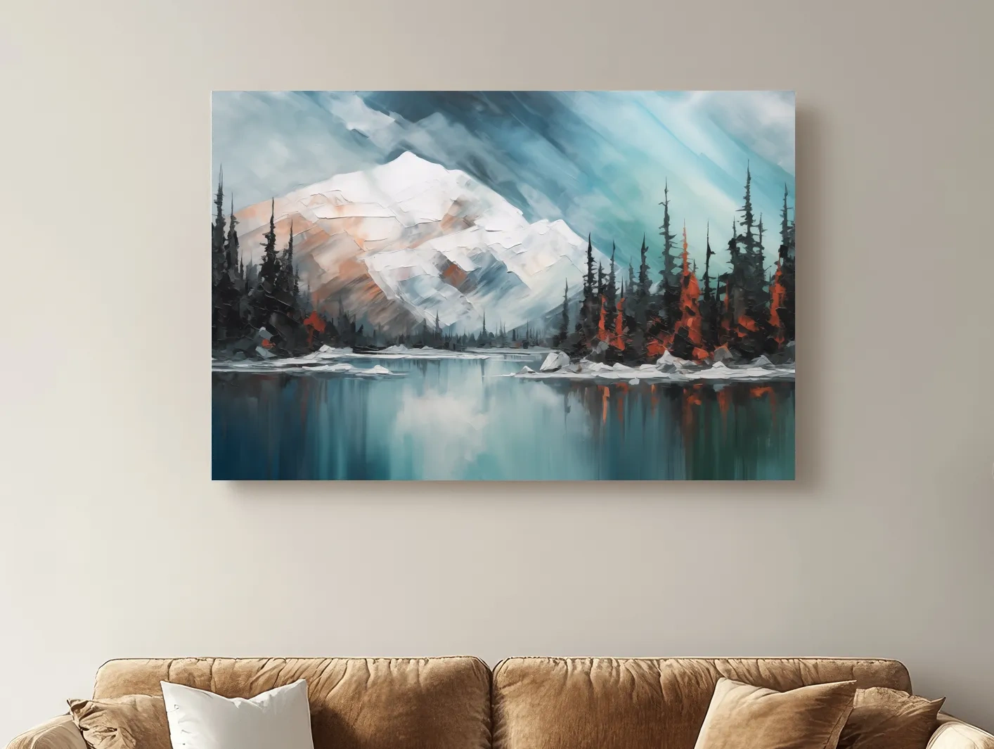 Alpine Glacier Lake Impasto Style Painting - Textured Forest Wall Art