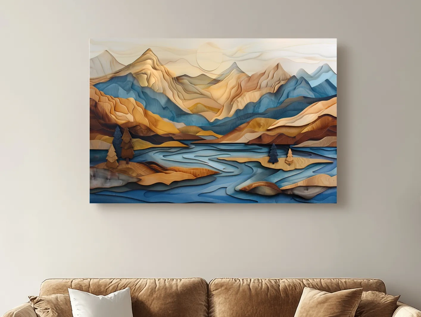 Wood Intarsia Style Alpine Mountain Lake Landscape - Modern Abstract Wall Art
