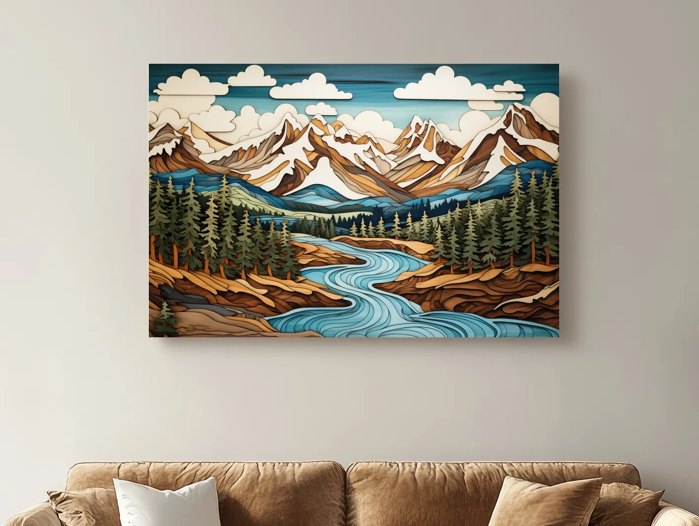Intarsia Style Mountain River Landscape - Rustic Alpine Forest Artwork