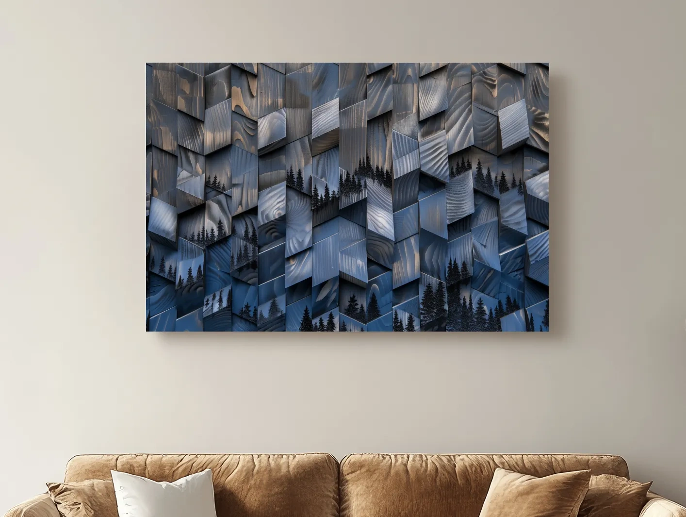 Wood Block Mountain Forest Collage - 3D Effect Abstract Landscape Wall Art