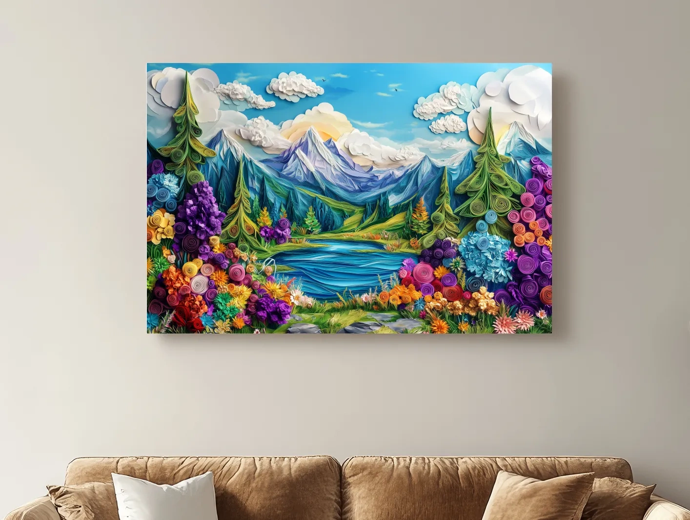Colorful Paper Quilling Alpine Meadows Landscape - 3D Effect Nature Wall Art