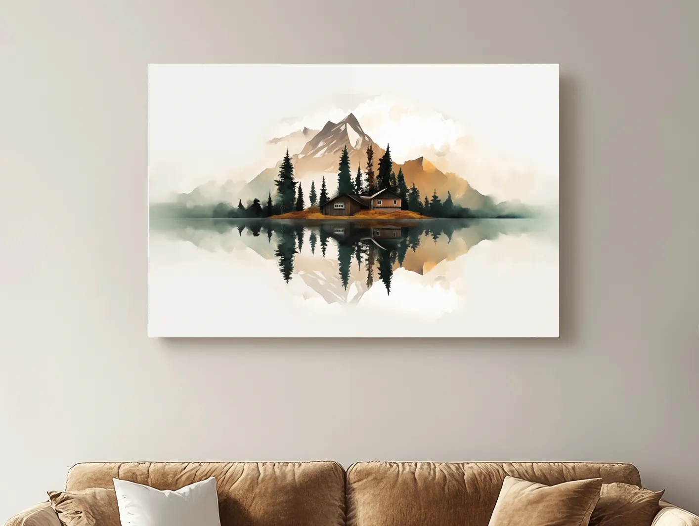 Minimalist Mountain Cabin Lake Reflection - Misty Watercolor Landscape Wall Art