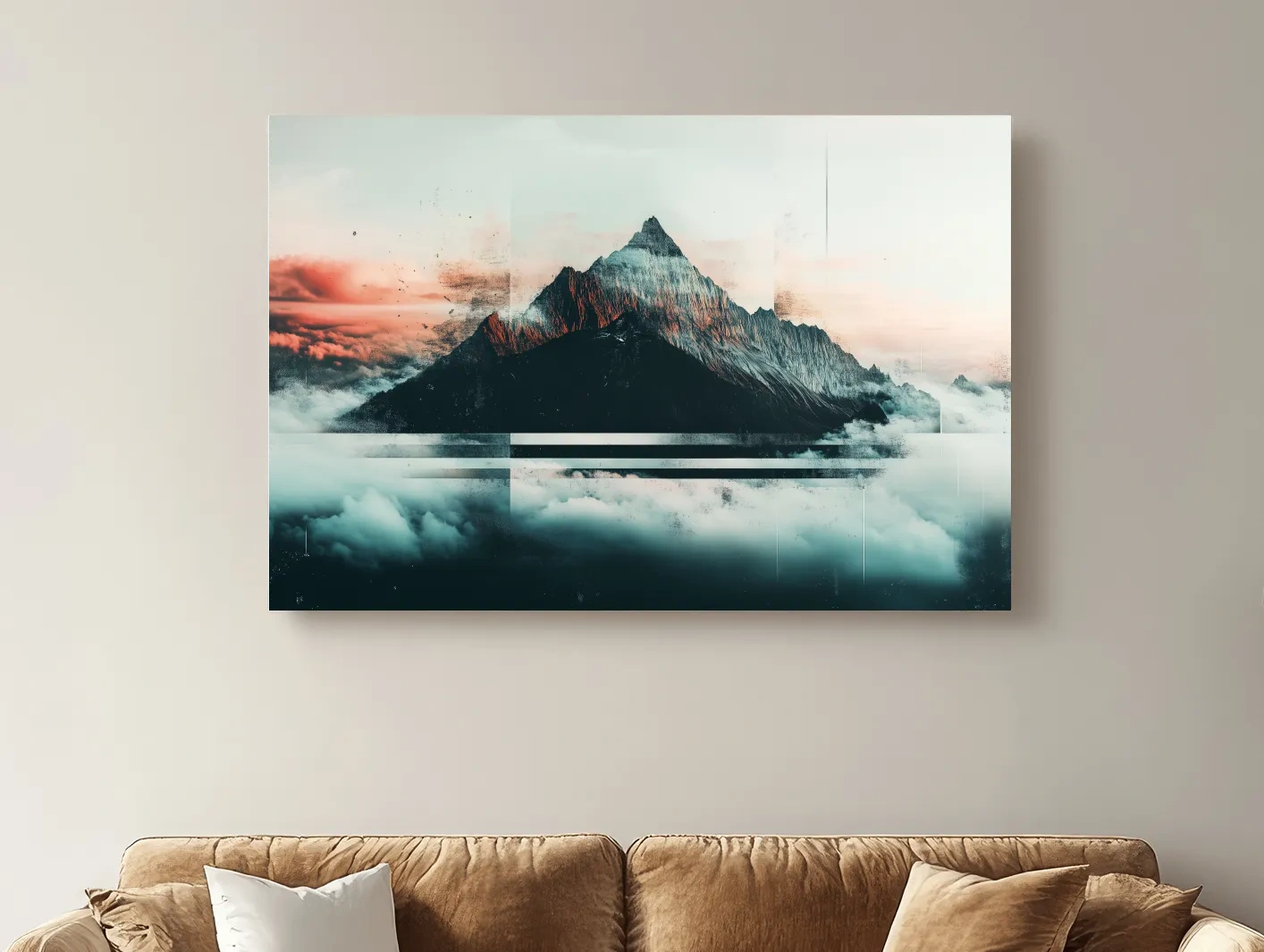 Abstract Sunset Alpine Peak Above Clouds - Glitch Style Mountain Wall Art
