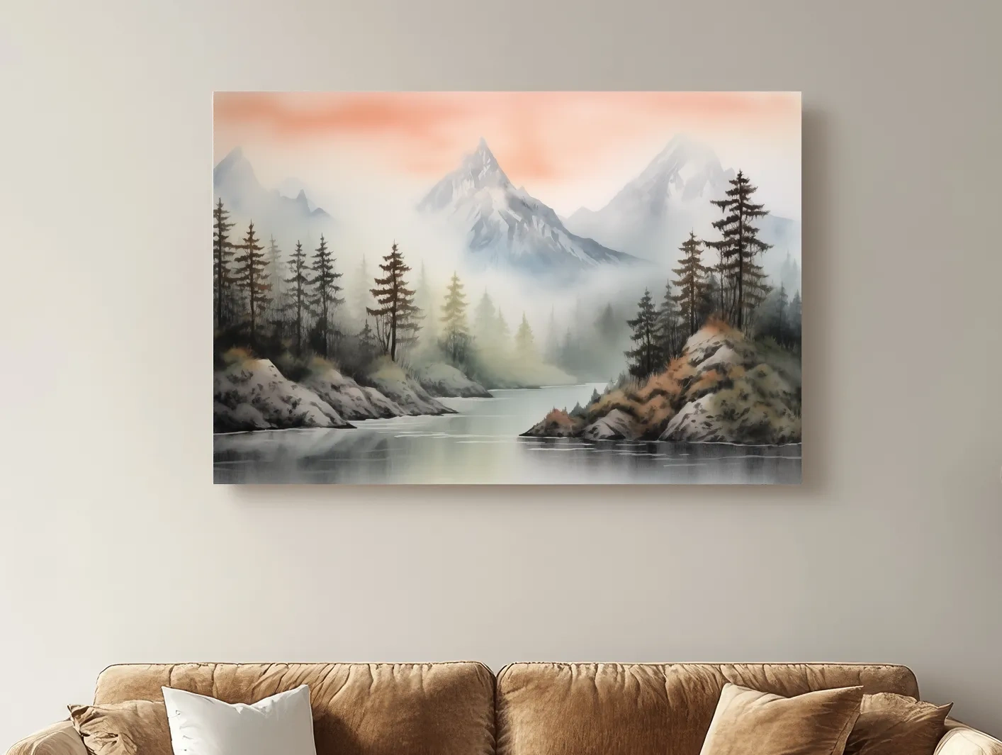 Misty Watercolor Mountain Lake Landscape - Serene Pine Forest Wall Art