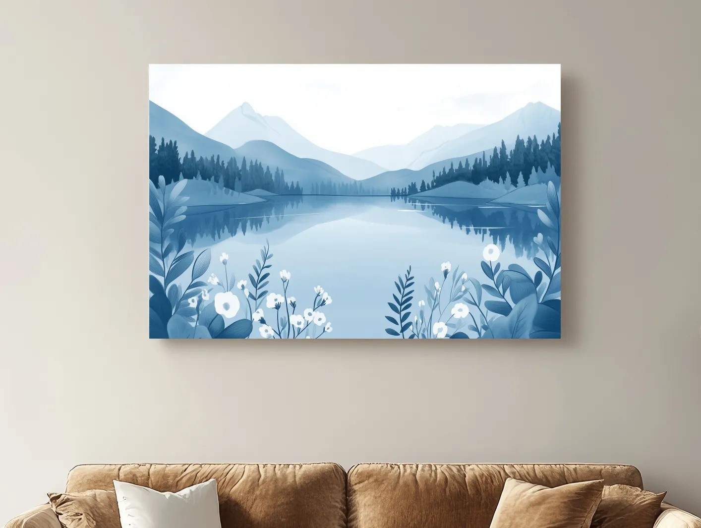 Serene Mountain Lake Illustration - Minimalist Alpine Landscape Wall Art