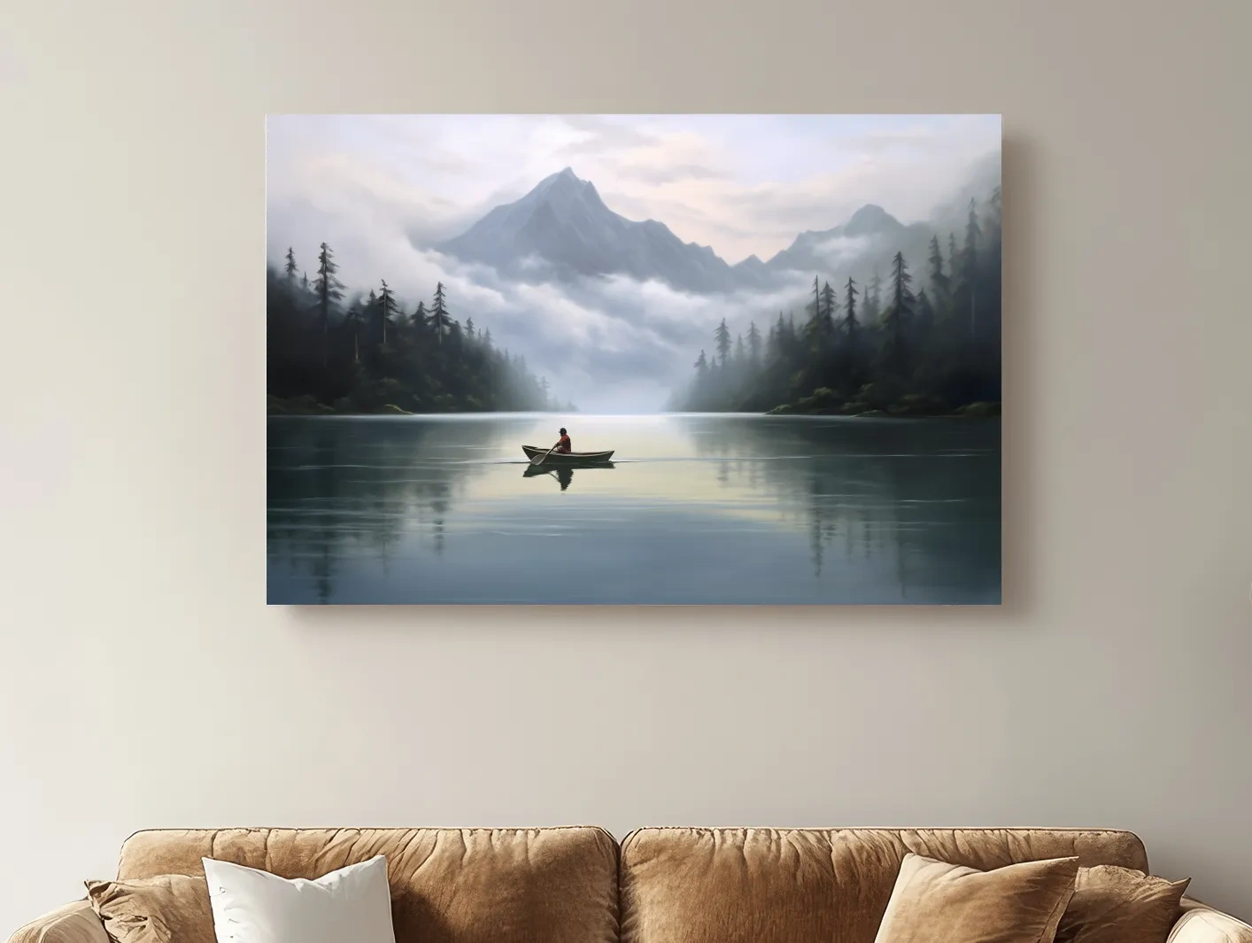 Misty Mountain Alpine Lake Canoe Scene - Serene Landscape Wall Art