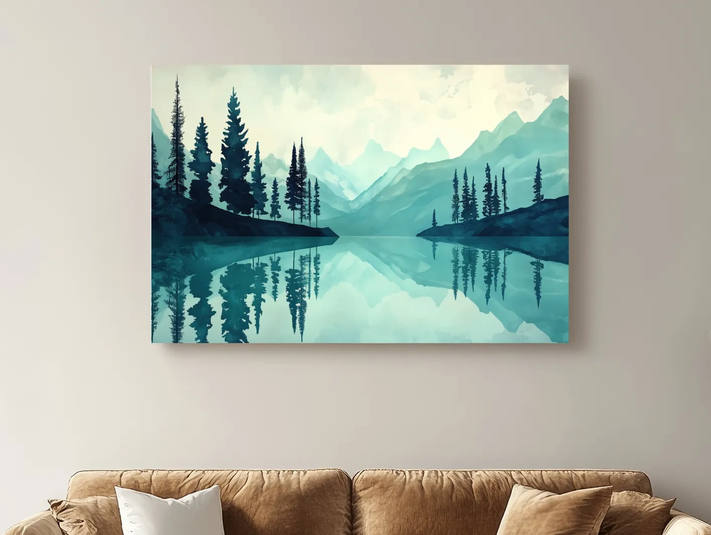 Treelined Alpine Lake Reflection - Watercolor Forest Wall Art