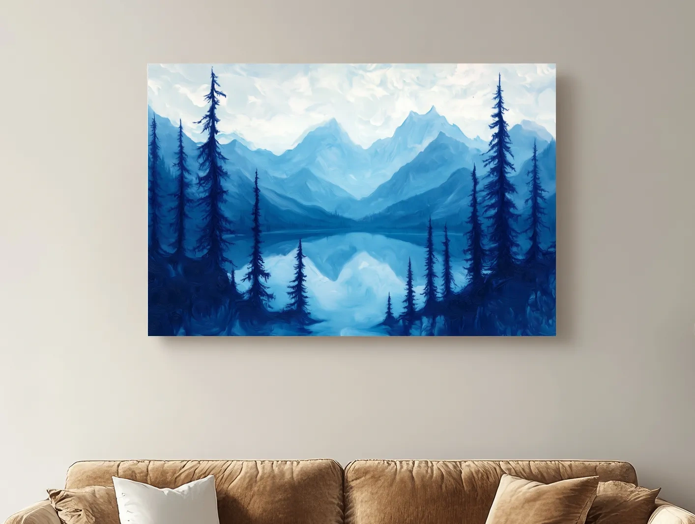 Serene Blue Mountain Lake Oil Painting - Alpine Forest Landscape Artwork