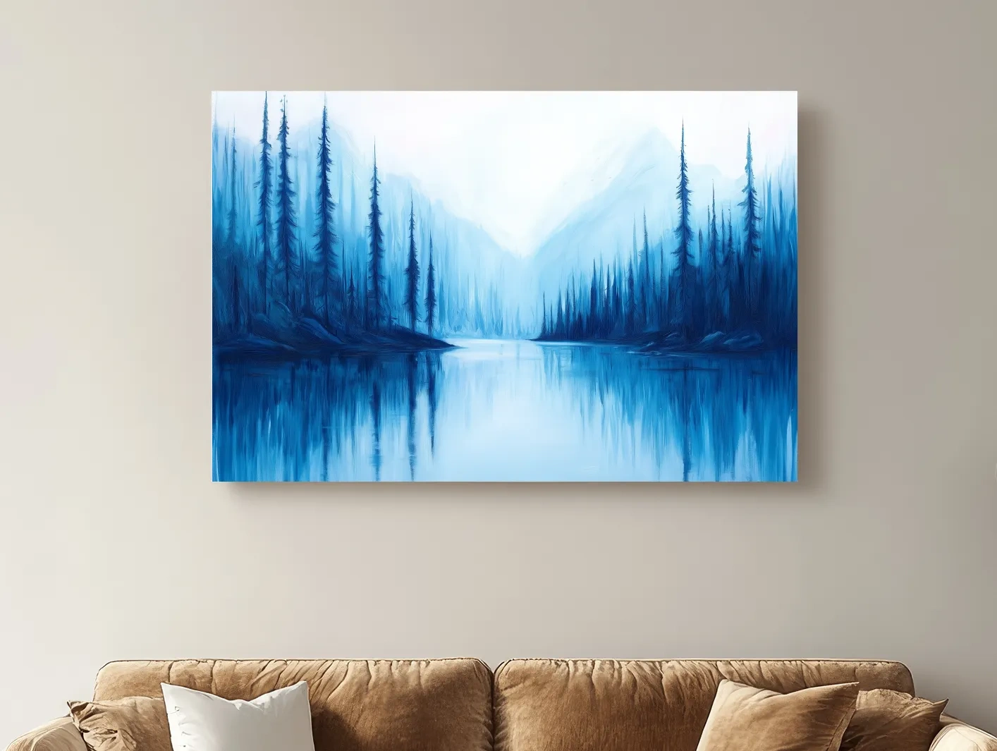 Misty Blue Alpine Lake & Pine Forest - Impressionist Landscape Painting Artwork
