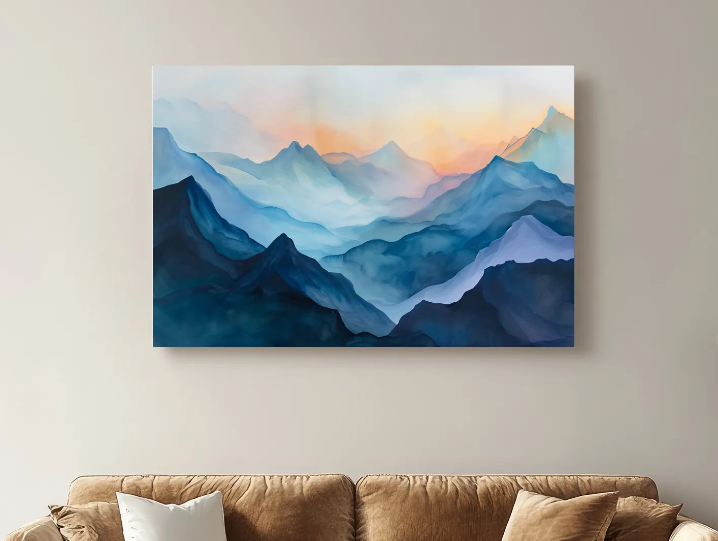 Misty Sunrise Watercolor Mountain Range - Serene Abstract Landscape Wall Art