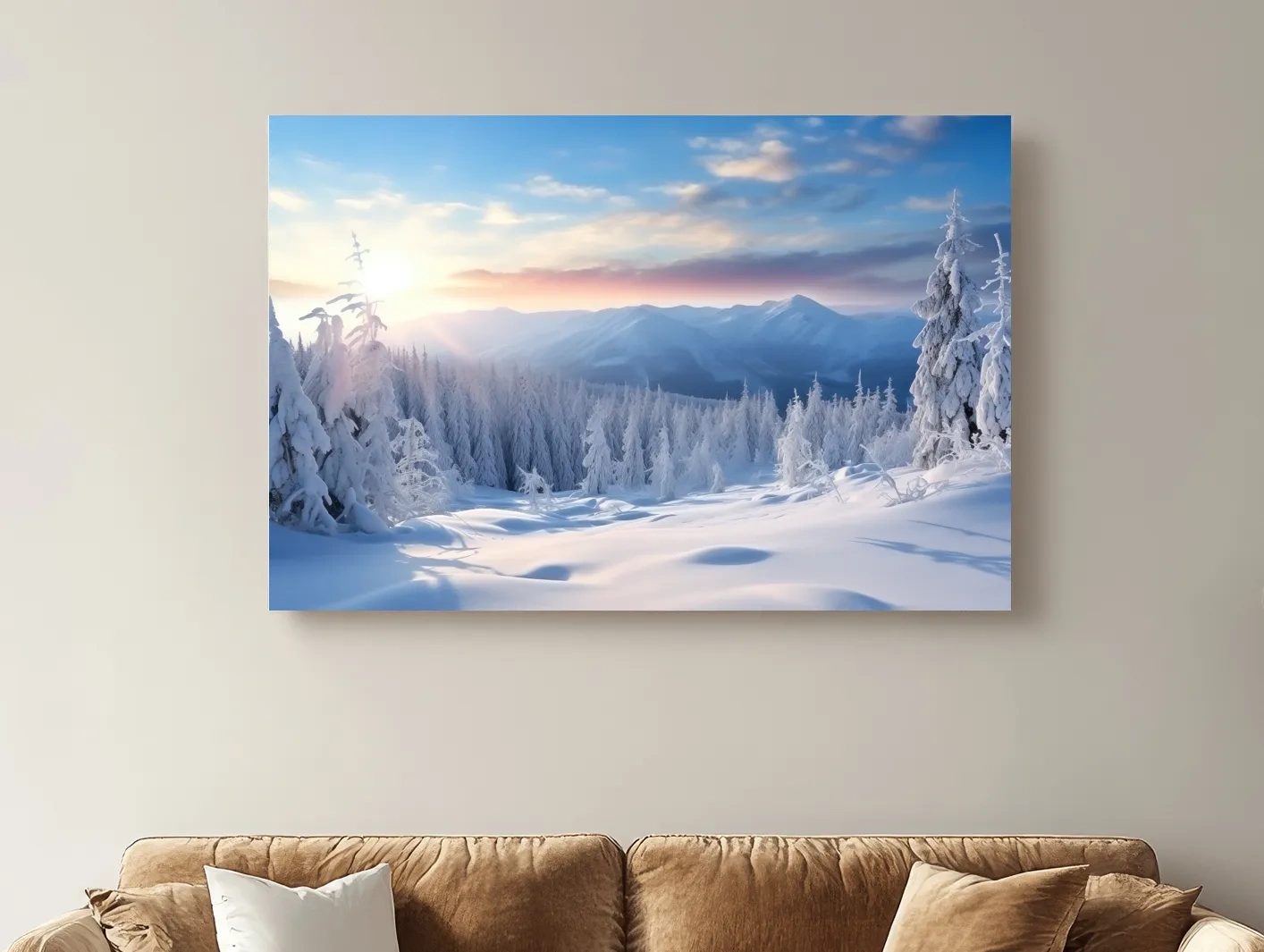 Serene Winter Mountain Sunrise Artwork - Snowy Pine Forest Photographic Wall Art