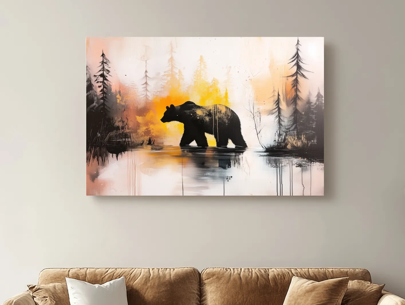 Grizzly Bear Forest Silhouette - Abstract Watercolor Wilderness Wall Art