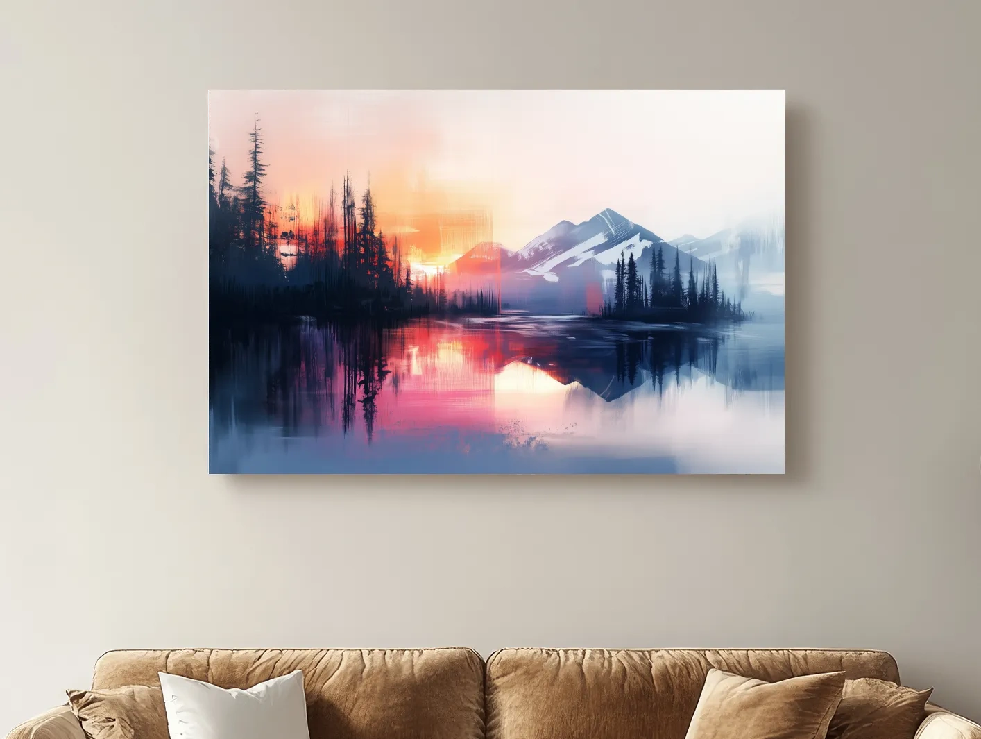 Vibrant Sunset Alpine Mountain Lake Reflection - Abstract Watercolor Forest Wall Art